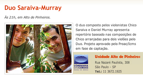 Duo Saraiva-Murray, dia 25 de maio na Cia das Cordas, Alto de Pinehiros, às 21 horas.
